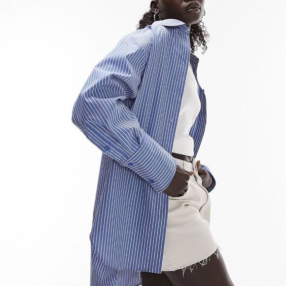 Topshop Petite oversized deep cuff stripe shirt blue & yellow Size 2 NWT in pkg - Picture 2 of 7